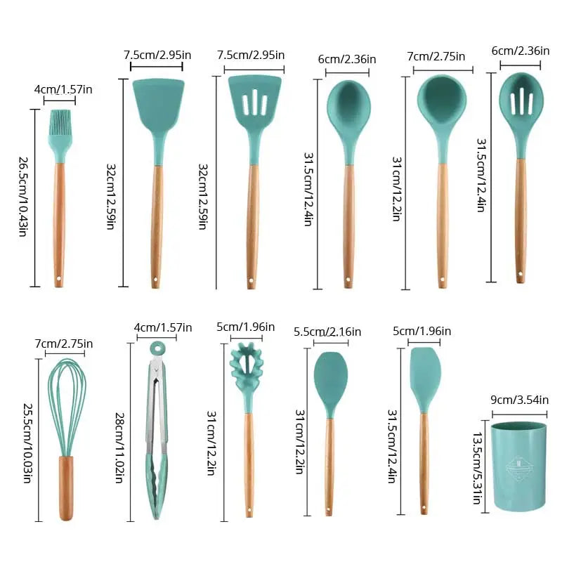 12Pcs/Set Utensilios de Cocina de Silicona con Mango de Madera y Cubo de Almacenaje Alto