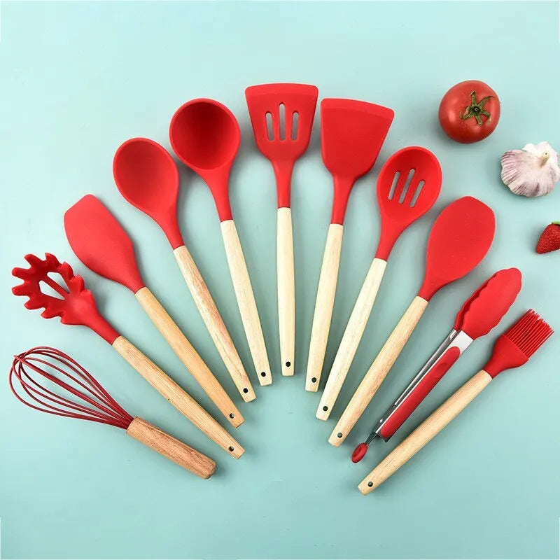 12Pcs/Set Utensilios de Cocina de Silicona con Mango de Madera y Cubo de Almacenaje Alto